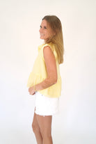 Butter Yellow Lace Trim Sleeveless Peplum Blouse - Anderson Ave boutique