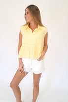 Butter Yellow Lace Trim Sleeveless Peplum Blouse - Anderson Ave boutique