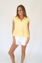 Butter Yellow Lace Trim Sleeveless Peplum Blouse - Anderson Ave boutique