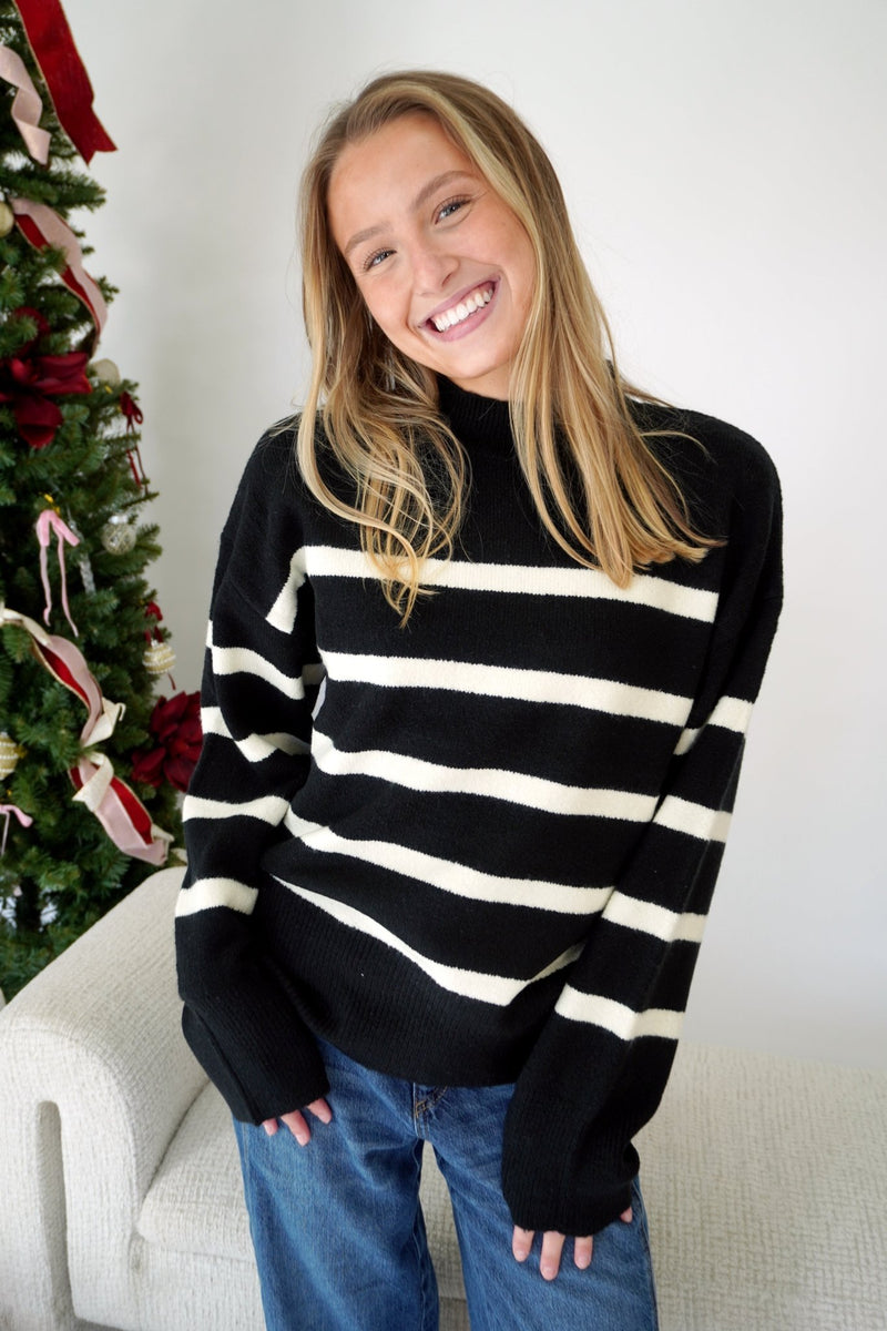 Camden Striped Crewneck Sweater - Black & Ivory - Anderson Ave boutique