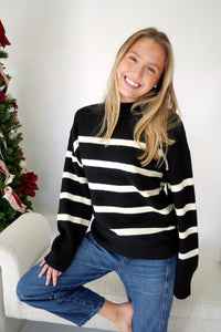 Camden Striped Crewneck Sweater - Black & Ivory - Anderson Ave boutique