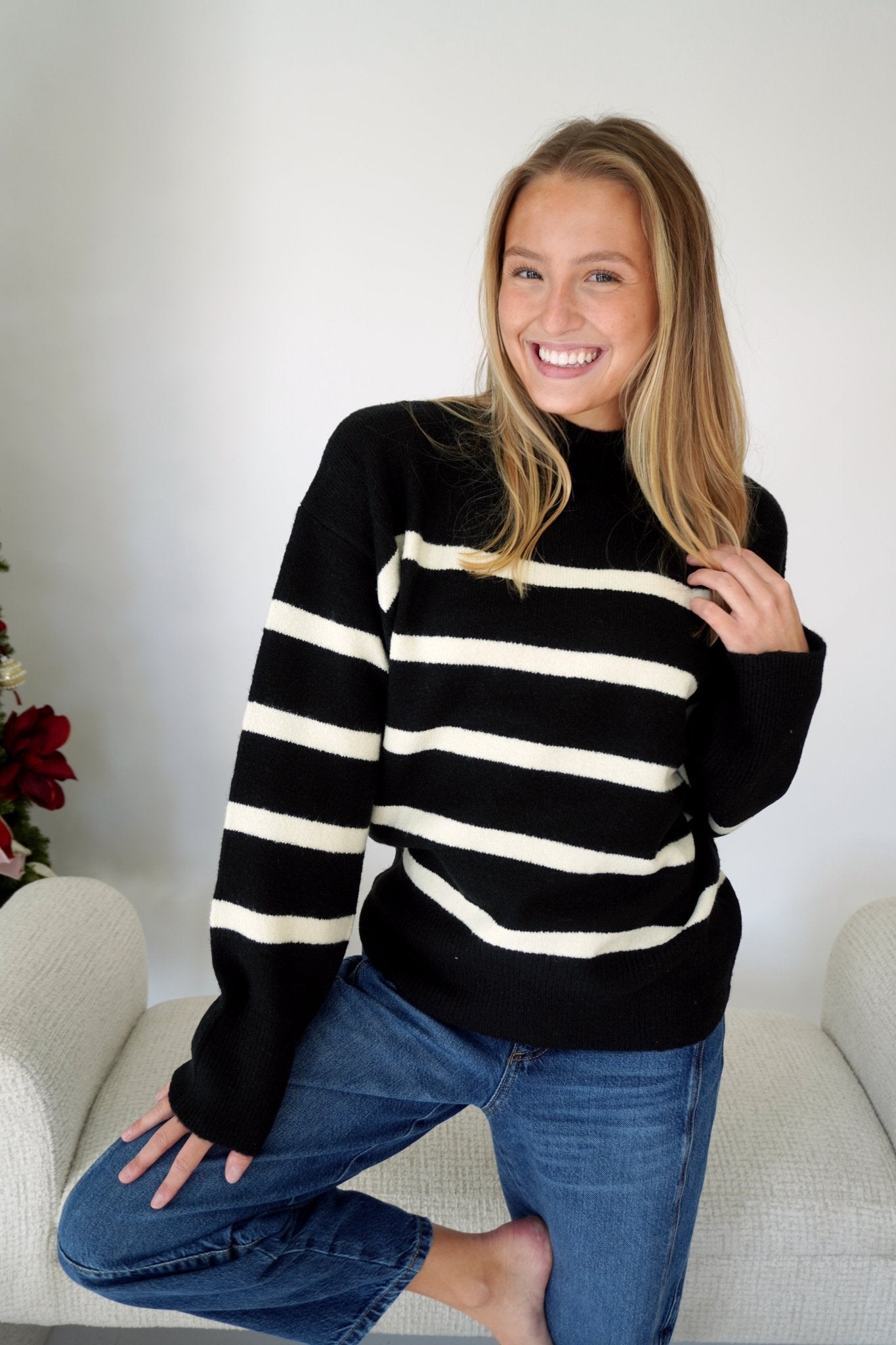 Camden Striped Crewneck Sweater - Black & Ivory - Anderson Ave boutique