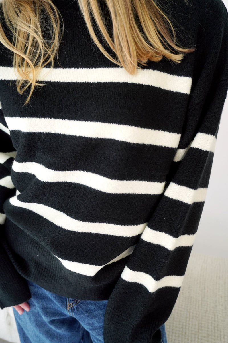 Camden Striped Crewneck Sweater - Black & Ivory - Anderson Ave boutique