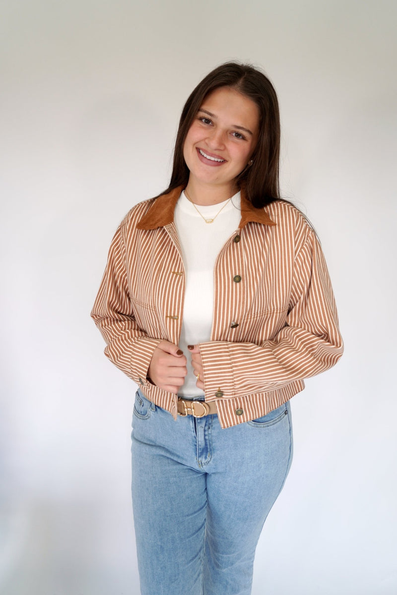 Carmel Striped Cropped Barn Jacket with Corduroy Collar - Anderson Ave boutique