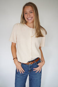 Charlotte Cream Button - Front Short Sleeve Sweater Top – Soft Knit Neutral - Anderson Ave boutique