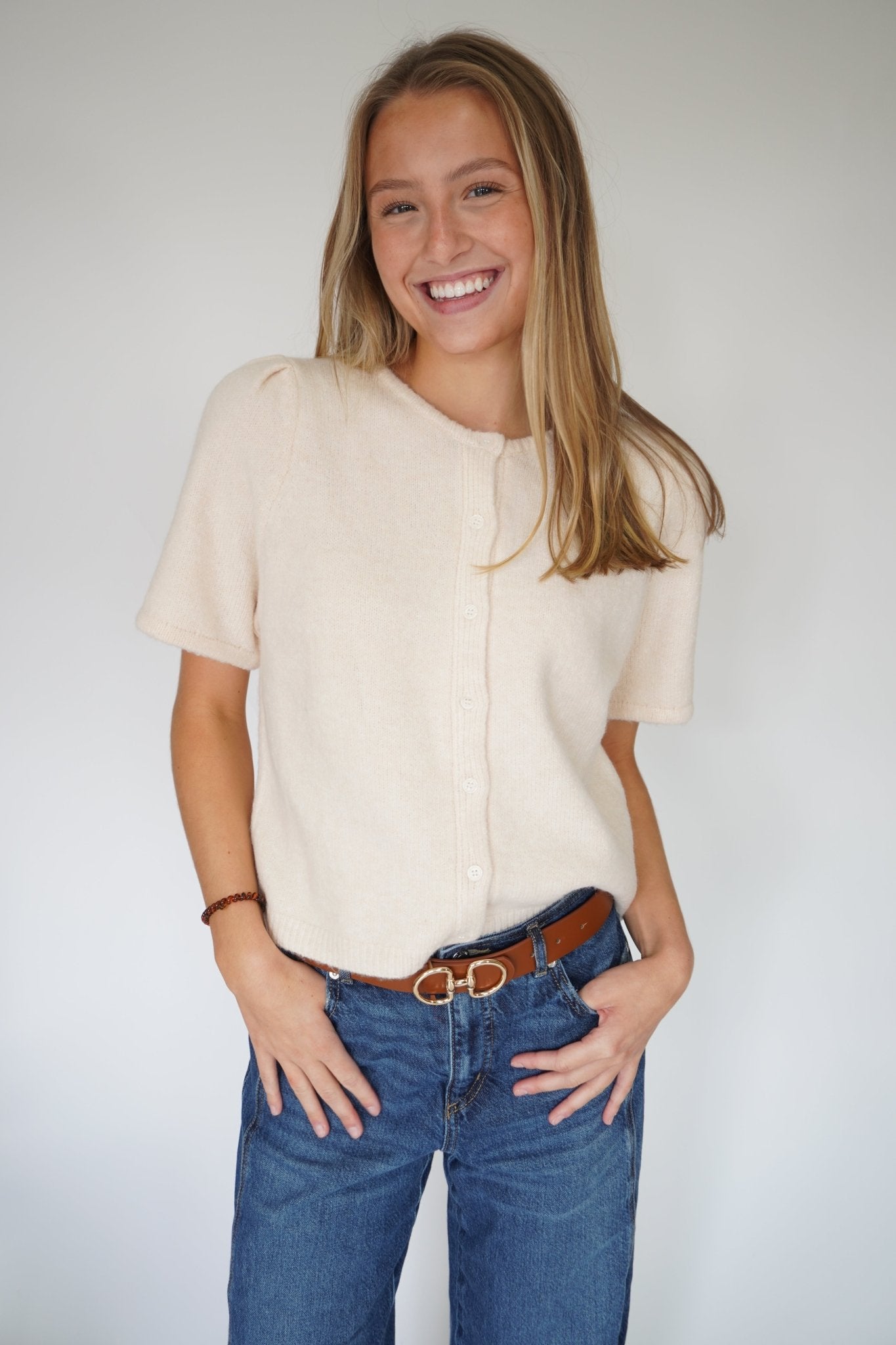 Charlotte Cream Button - Front Short Sleeve Sweater Top – Soft Knit Neutral - Anderson Ave boutique