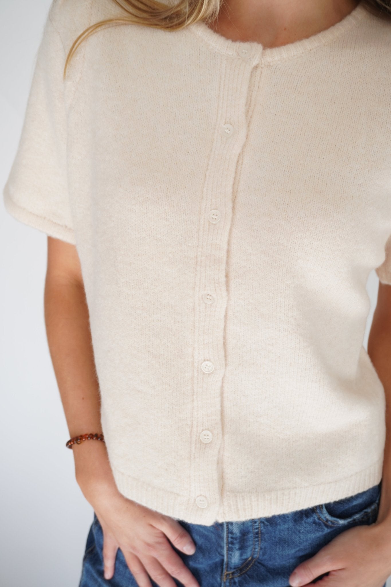 Charlotte Cream Button - Front Short Sleeve Sweater Top – Soft Knit Neutral - Anderson Ave boutique