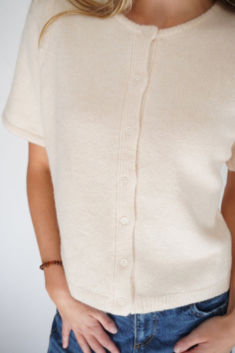Charlotte Cream Button - Front Short Sleeve Sweater Top – Soft Knit Neutral - Anderson Ave boutique