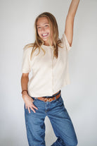 Charlotte Cream Button - Front Short Sleeve Sweater Top – Soft Knit Neutral - Anderson Ave boutique