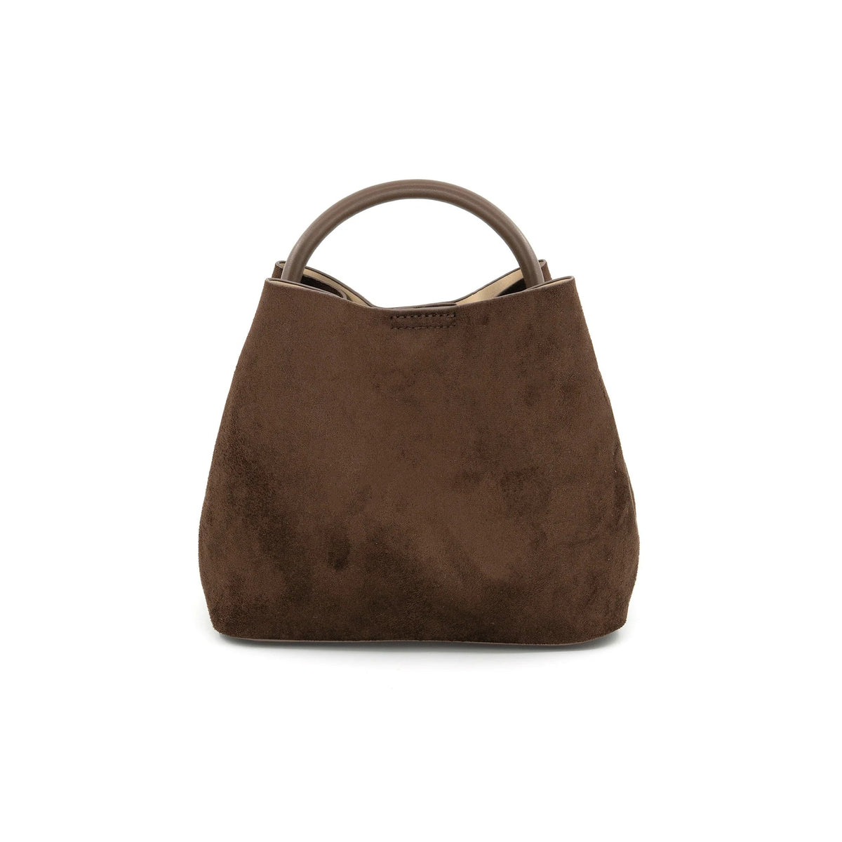 Chocolate Brown Faux Suede Mini Bucket Bag with Round Top Handl - Anderson Ave boutique