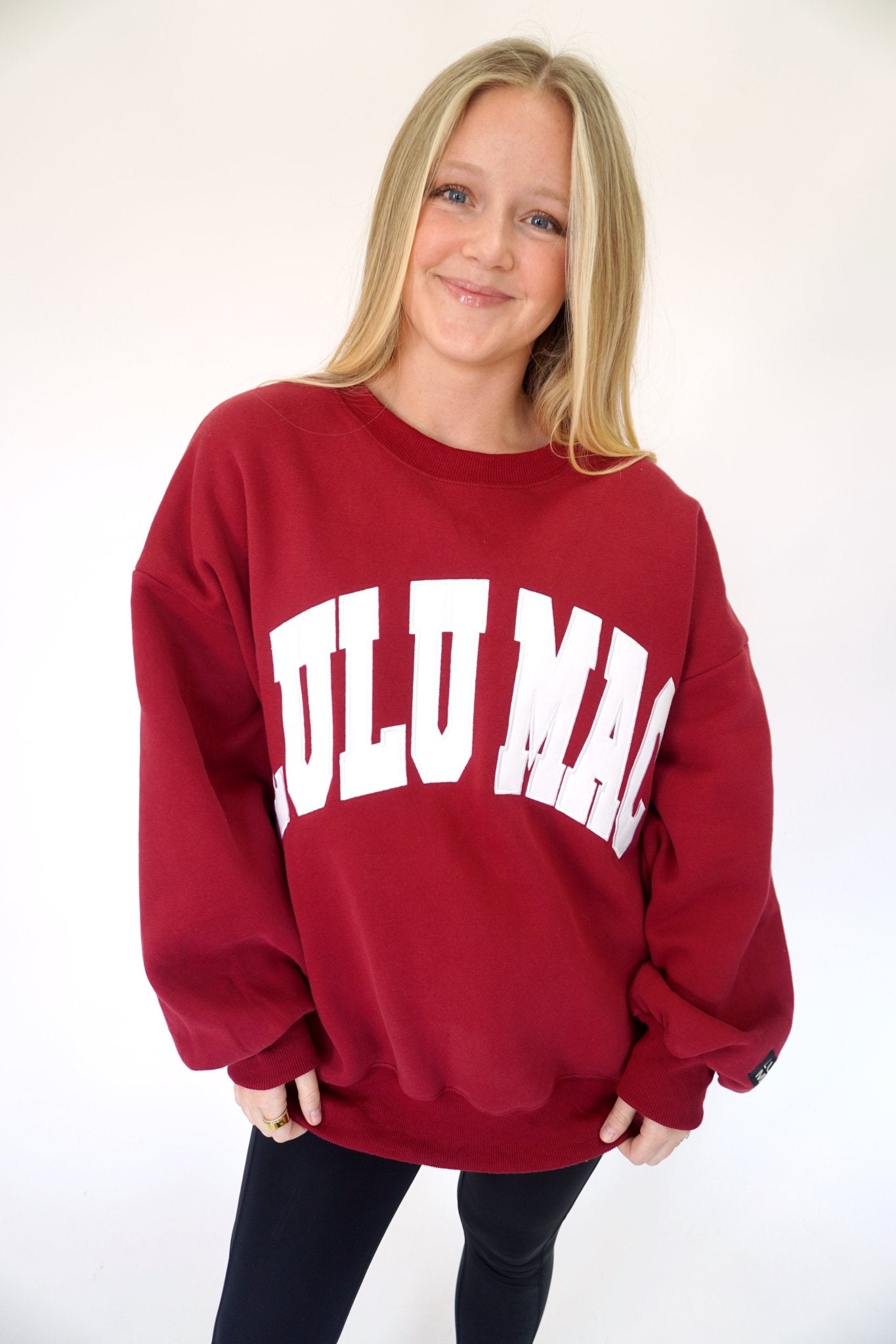 Copy Lulu Mac Oversized Cardinal Red Sweatshirt – White Appliqué Stitch Pullover - Anderson Ave boutique