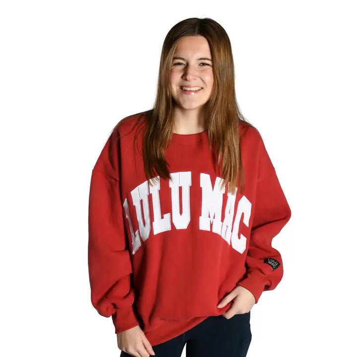 Copy Lulu Mac Oversized Cardinal Red Sweatshirt – White Appliqué Stitch Pullover - Anderson Ave boutique