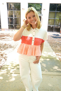 Coral Crush Ruffle Hem Colorblock Top - Anderson Ave boutique