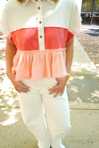 Coral Crush Ruffle Hem Colorblock Top - Anderson Ave boutique