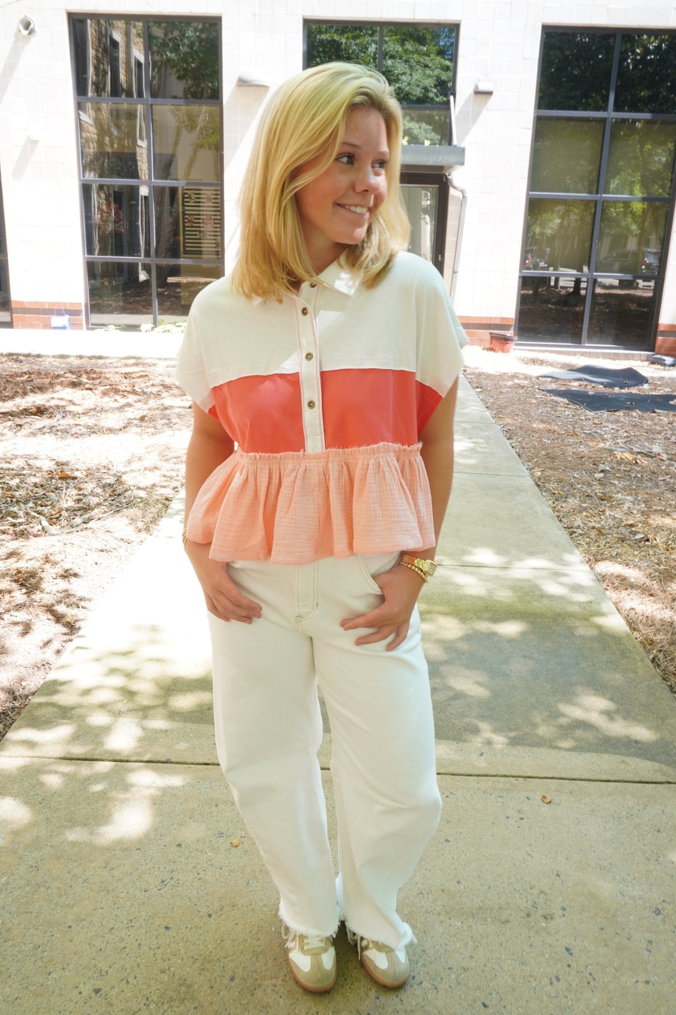Coral Crush Ruffle Hem Colorblock Top - Anderson Ave boutique