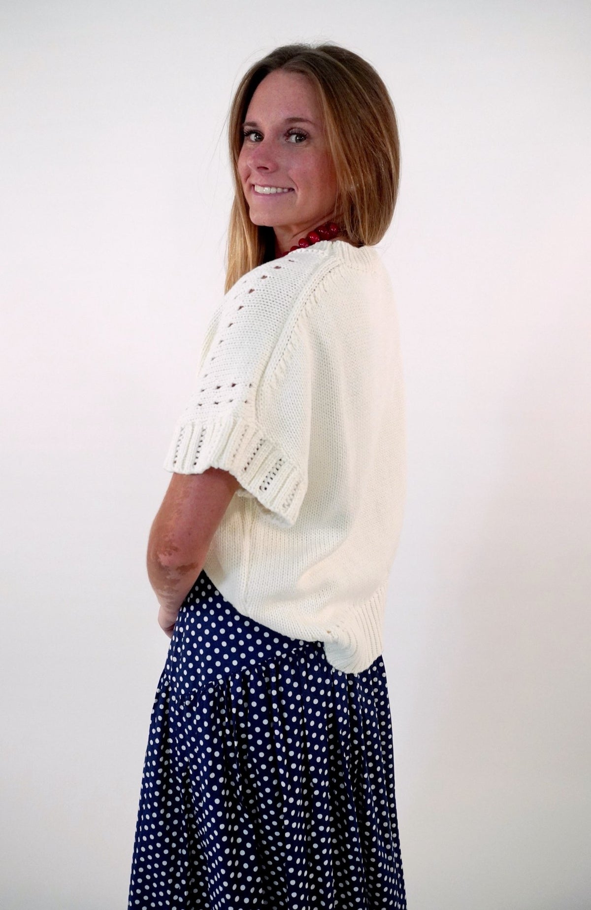 Cream Eyelet Short Sleeve Sweater Top - Anderson Ave boutique