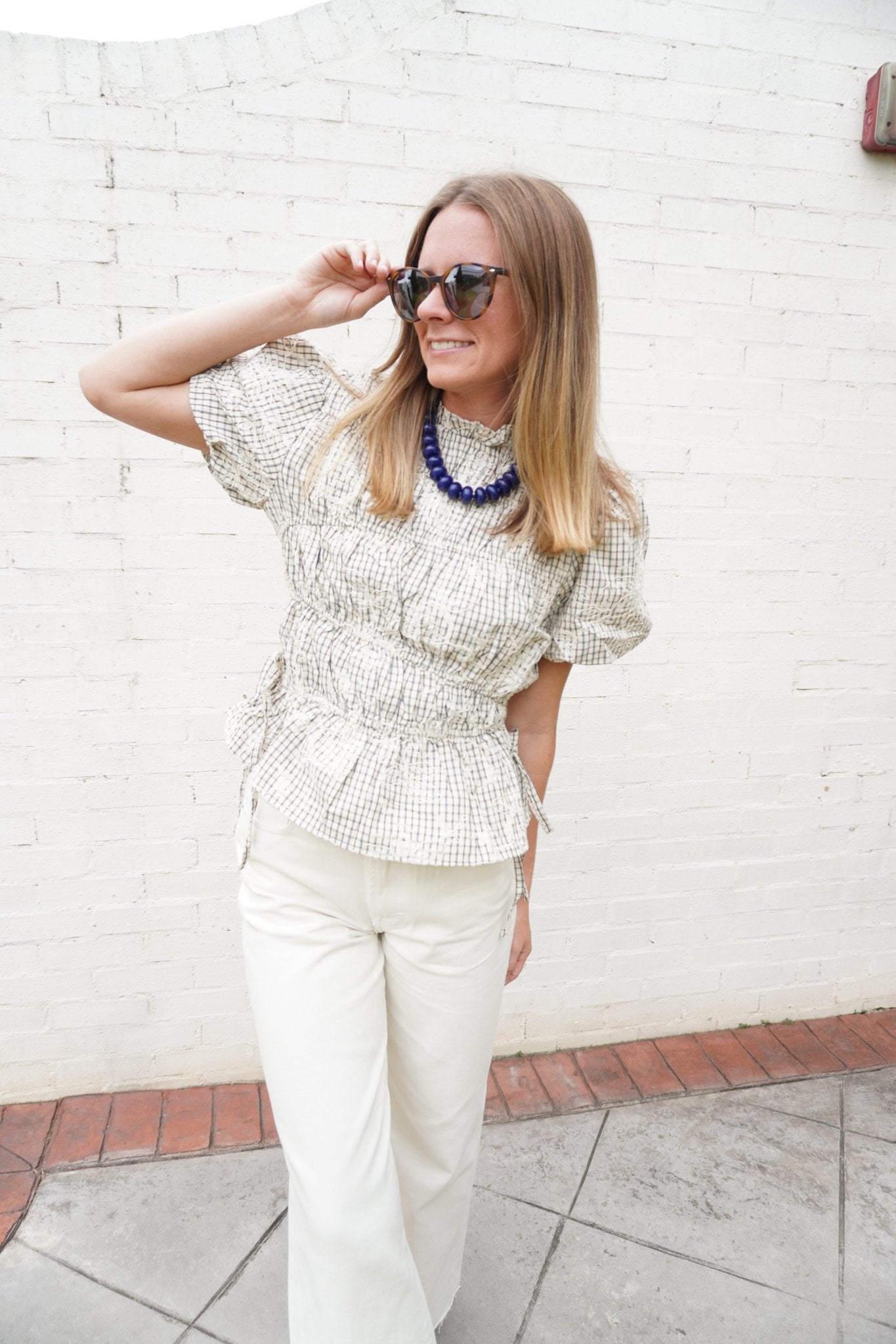 Cream Plaid Floral Embroidered Peplum Top - Anderson Ave boutique