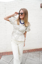 Cream Plaid Floral Embroidered Peplum Top - Anderson Ave boutique
