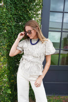 Cream Plaid Floral Embroidered Peplum Top - Anderson Ave boutique