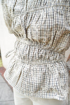Cream Plaid Floral Embroidered Peplum Top - Anderson Ave boutique