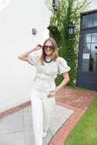 Cream Plaid Floral Embroidered Peplum Top - Anderson Ave boutique