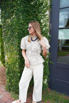 Cream Plaid Floral Embroidered Peplum Top - Anderson Ave boutique
