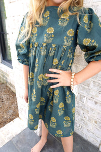 Deep Forest Puff Sleeve Sunflower Print Tween Dress - Anderson Ave boutique