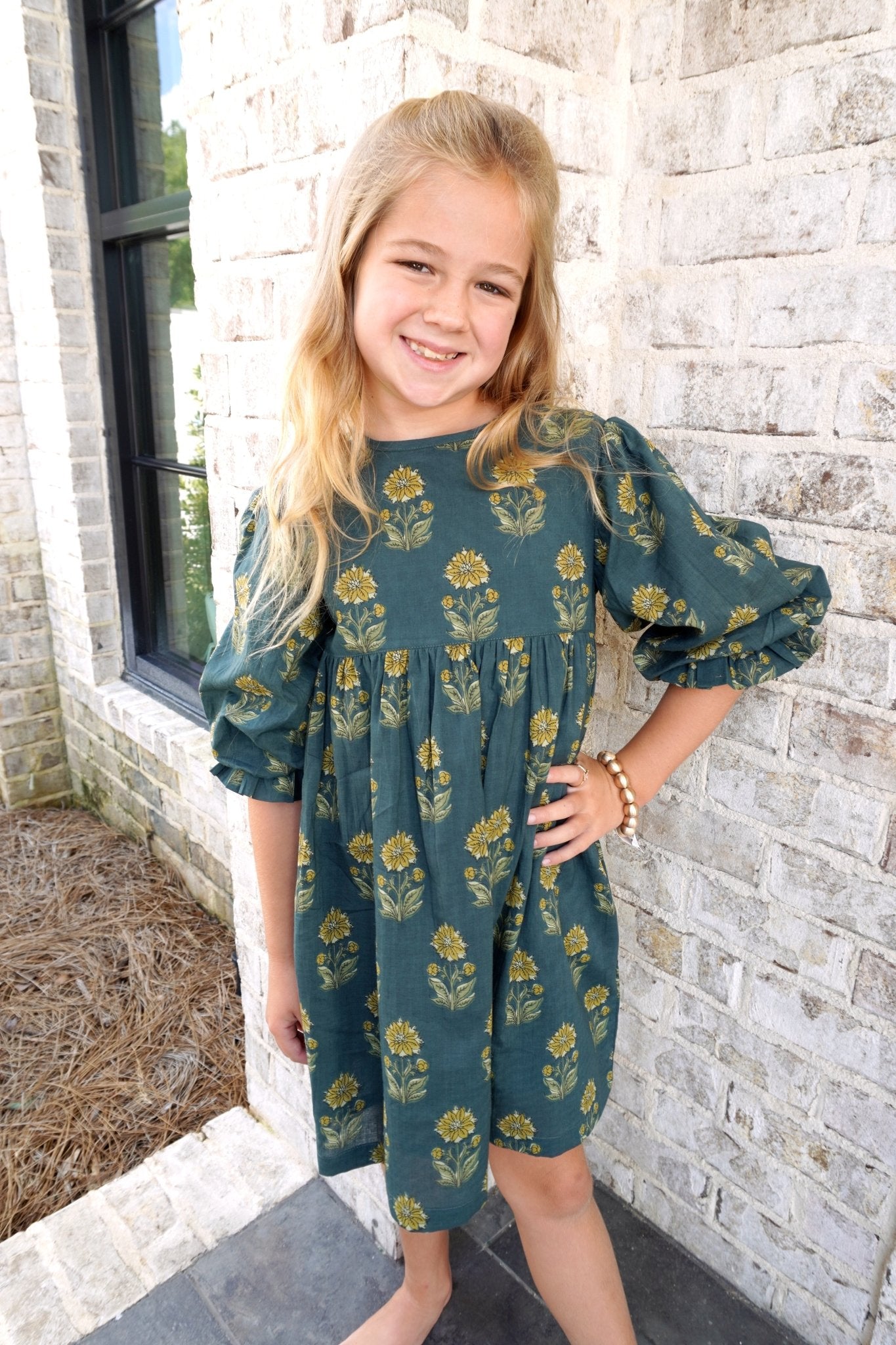 Deep Forest Puff Sleeve Sunflower Print Tween Dress - Anderson Ave boutique