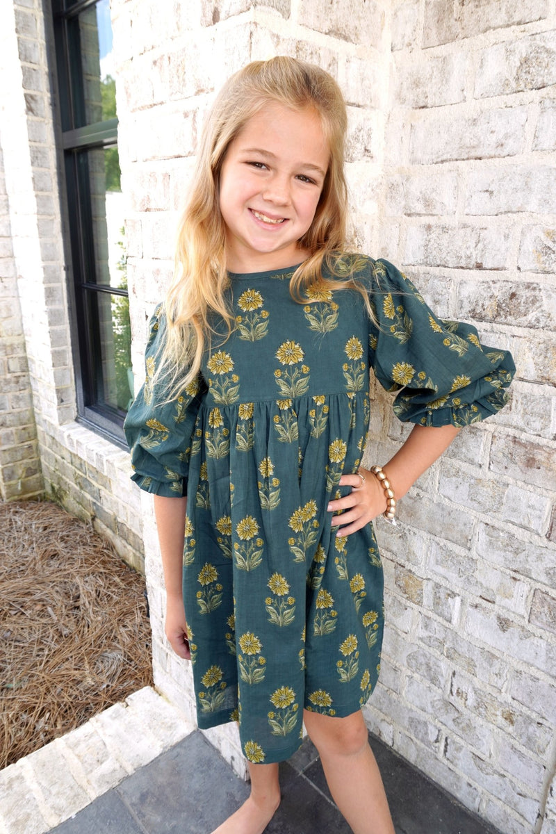 Deep Forest Puff Sleeve Sunflower Print Tween Dress - Anderson Ave boutique