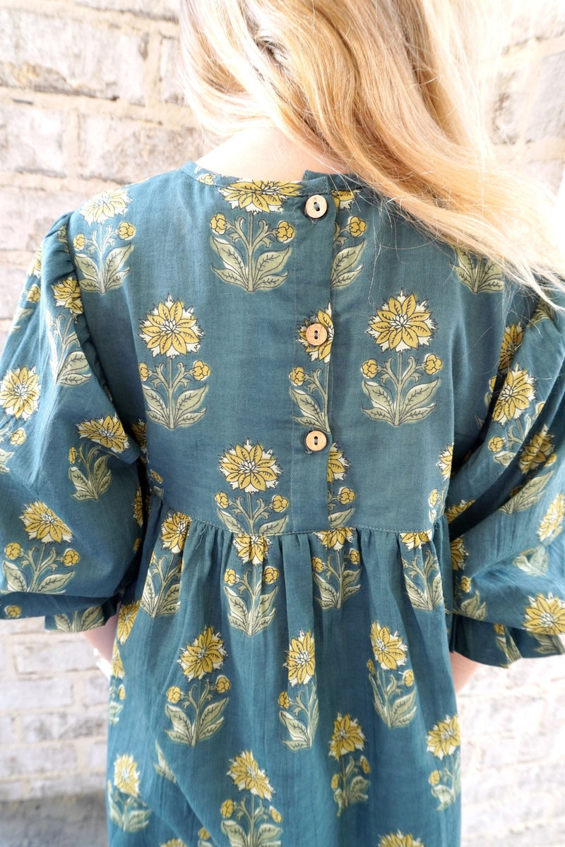 Deep Forest Puff Sleeve Sunflower Print Tween Dress - Anderson Ave boutique