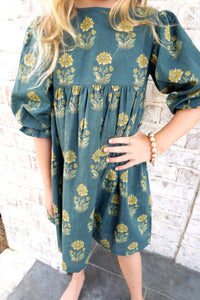 Deep Forest Puff Sleeve Sunflower Print Tween Dress - Anderson Ave boutique