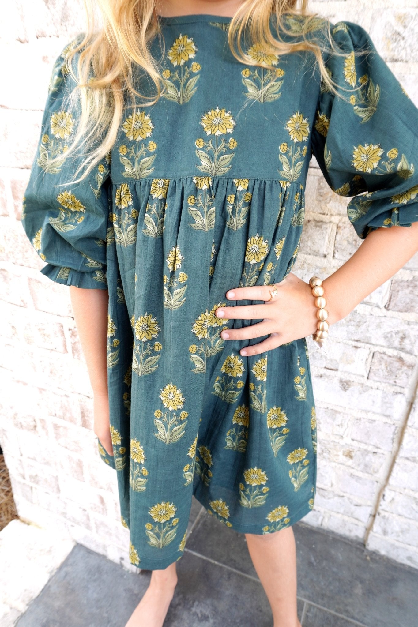 Deep Forest Puff Sleeve Sunflower Print Tween Dress - Anderson Ave boutique