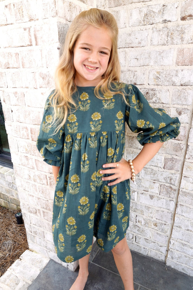 Deep Forest Puff Sleeve Sunflower Print Tween Dress - Anderson Ave boutique