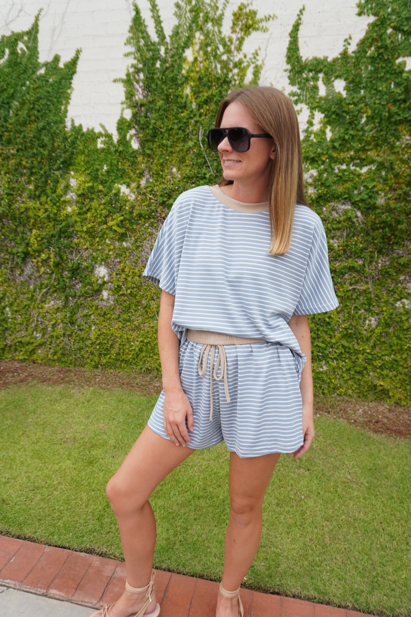 Denim Blue & Taupe Striped Lounge Set - Anderson Ave boutique