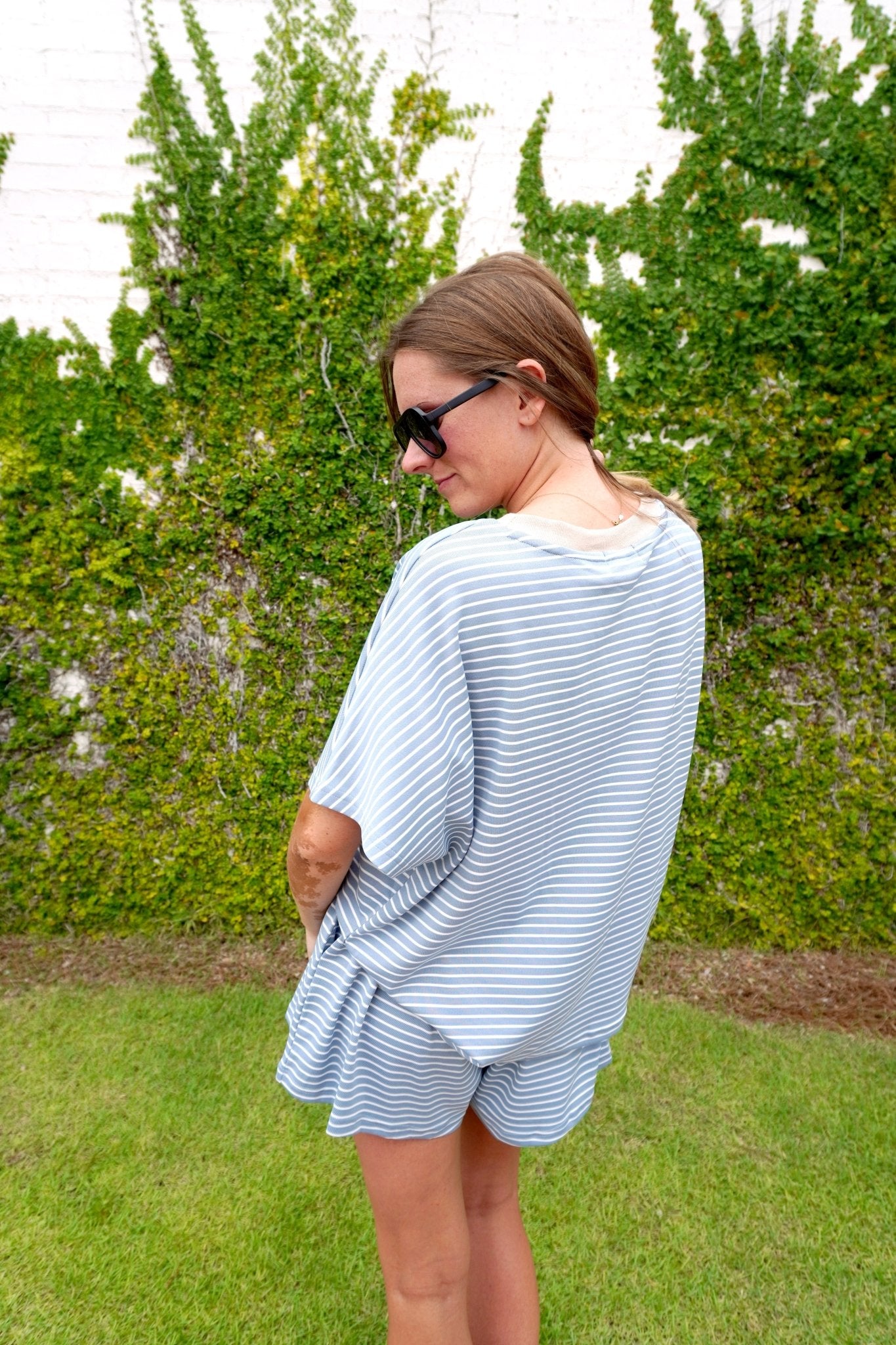Denim Blue & Taupe Striped Lounge Set - Anderson Ave boutique