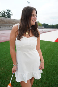 Denim Mini Dress W/ Ruffle Hem And Shoulder Ties - White - Anderson Ave boutique