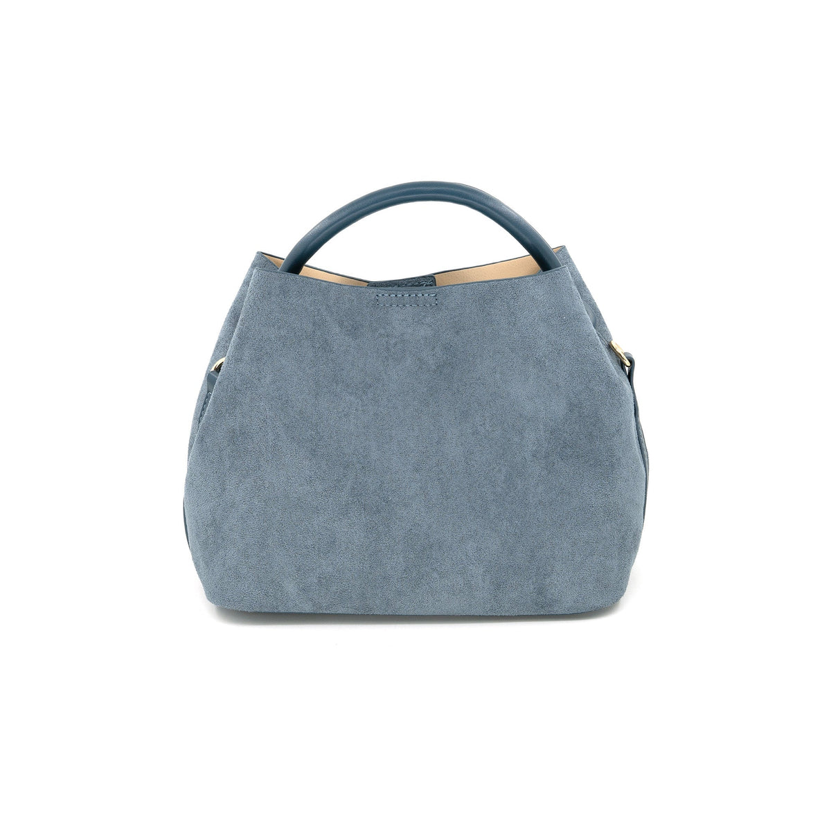 Dusty Blue Faux Suede Mini Bucket Bag with Round Top Handl - Anderson Ave boutique