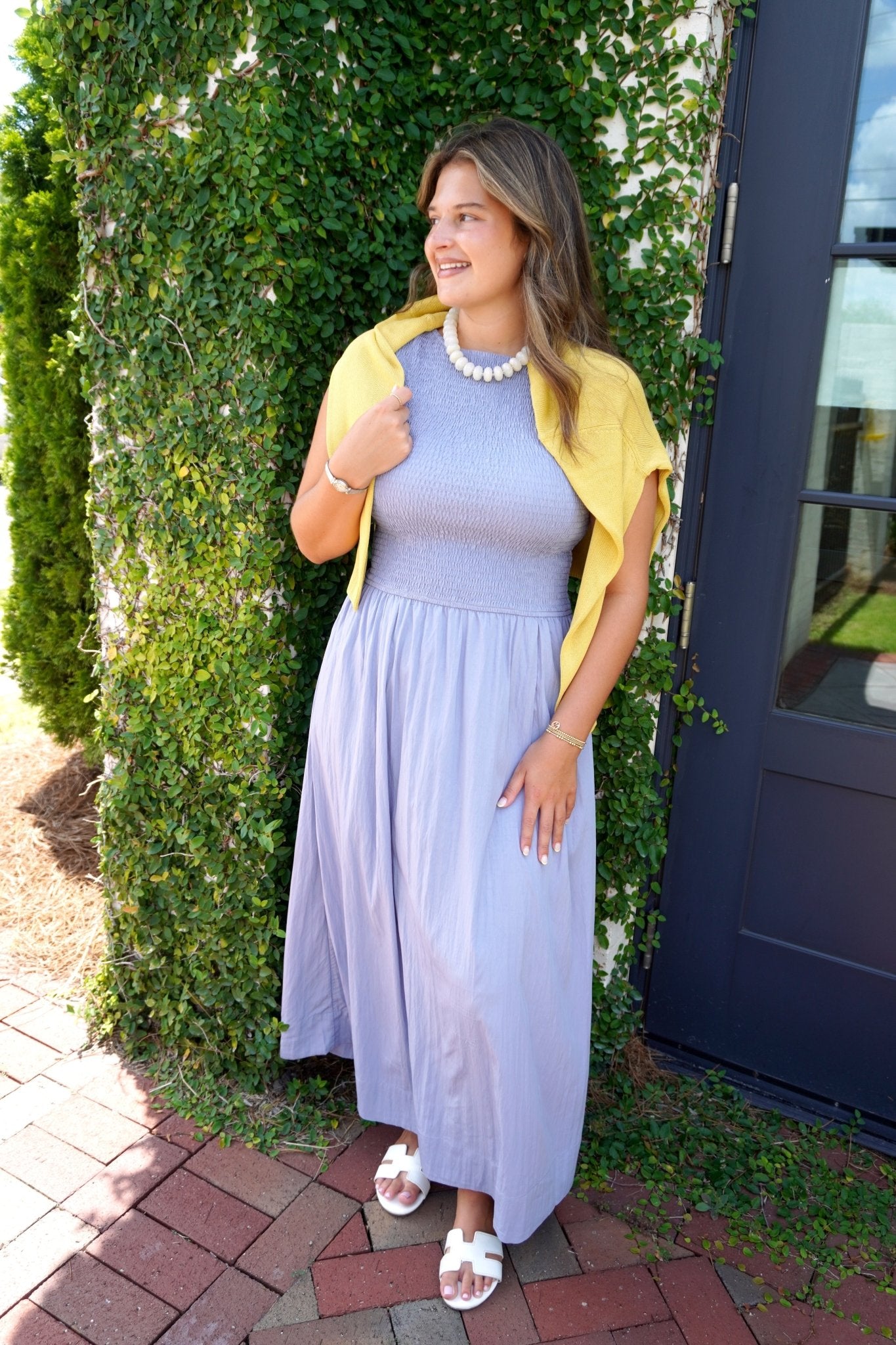 Dusty Blue Smocked Midi Dress - Anderson Ave boutique