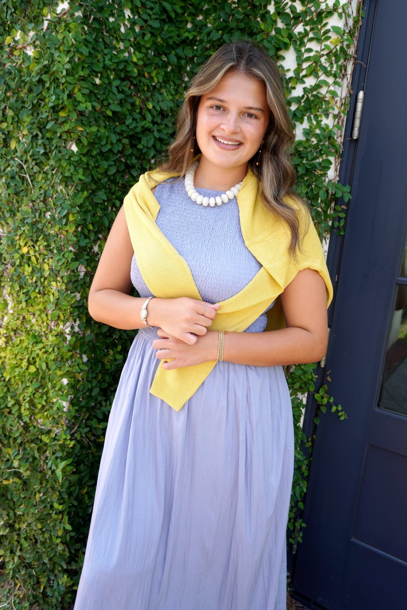 Dusty Blue Smocked Midi Dress - Anderson Ave boutique