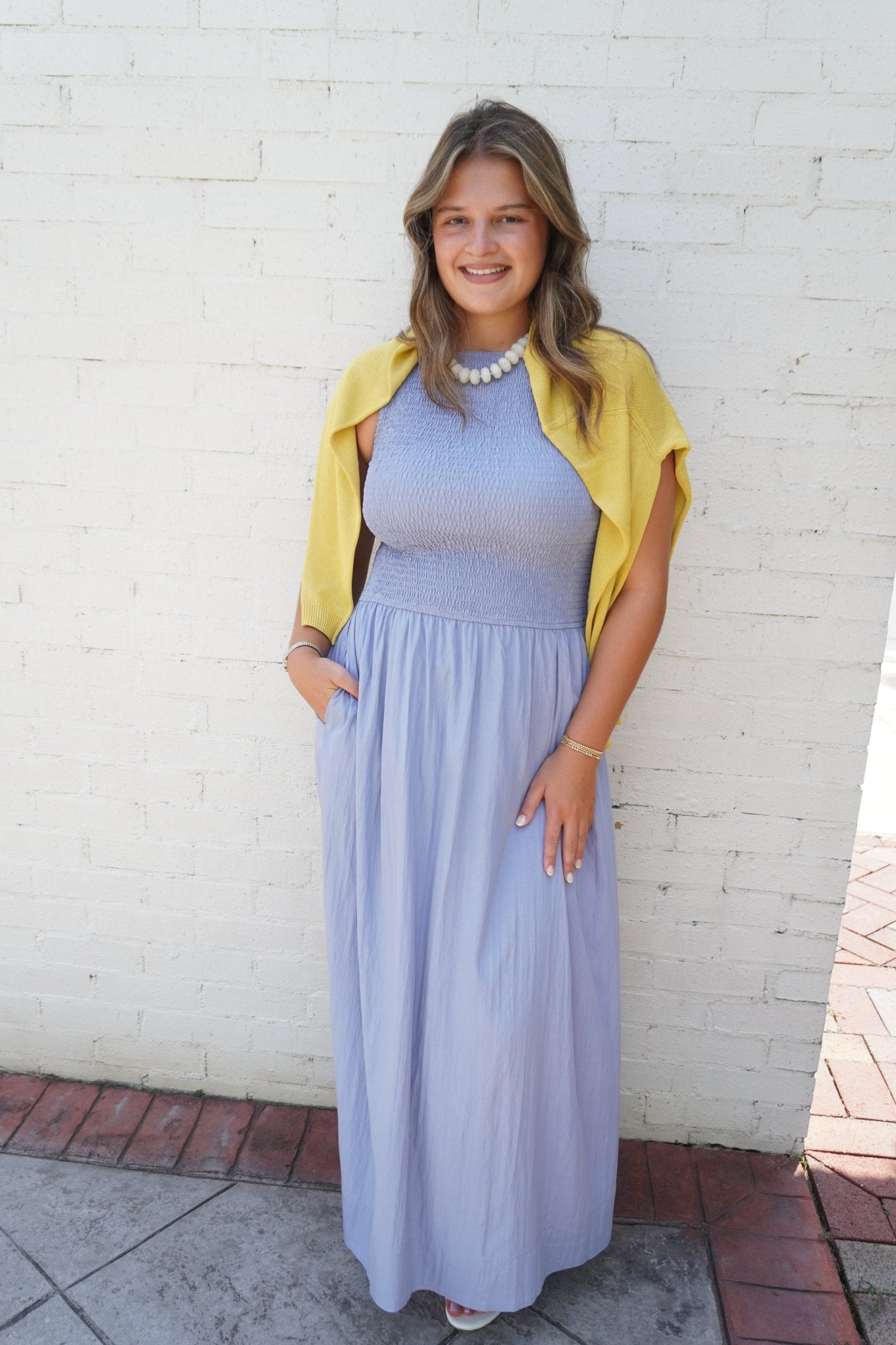 Dusty Blue Smocked Midi Dress - Anderson Ave boutique