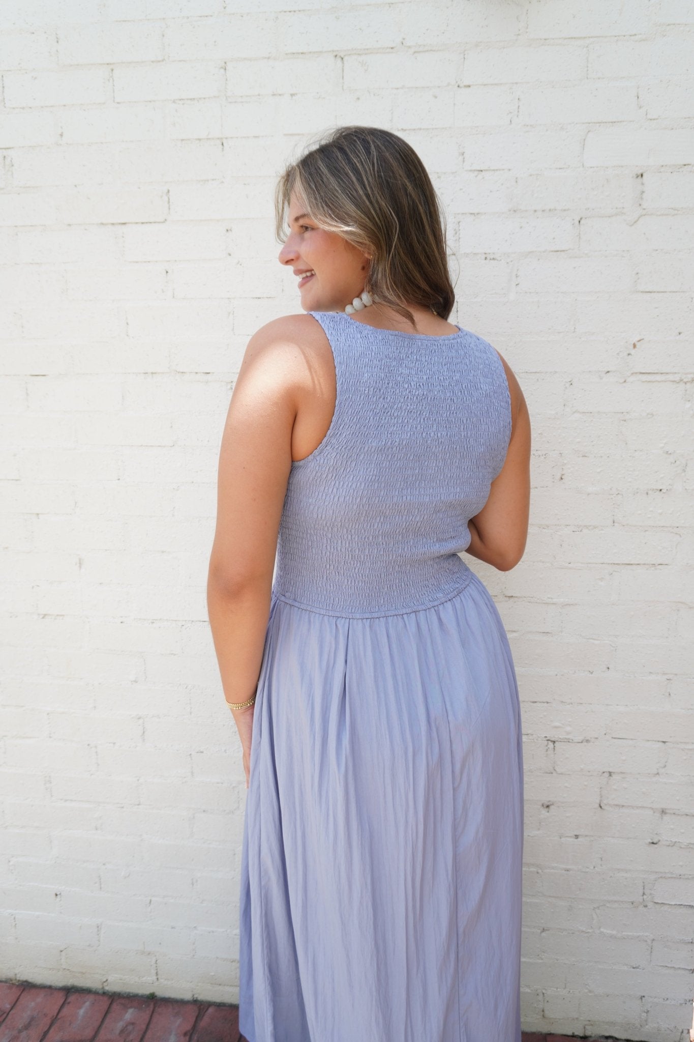 Dusty Blue Smocked Midi Dress - Anderson Ave boutique