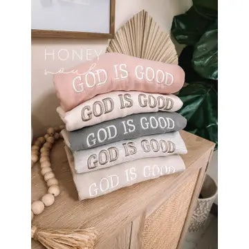 Embroidered God is Good Sweatshirt - Dusty Pink