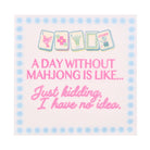 Colorful Dot Bam Crack Mahj cocktail napkins featuring pink and blue mahjong-inspired lettering and scalloped blue border.