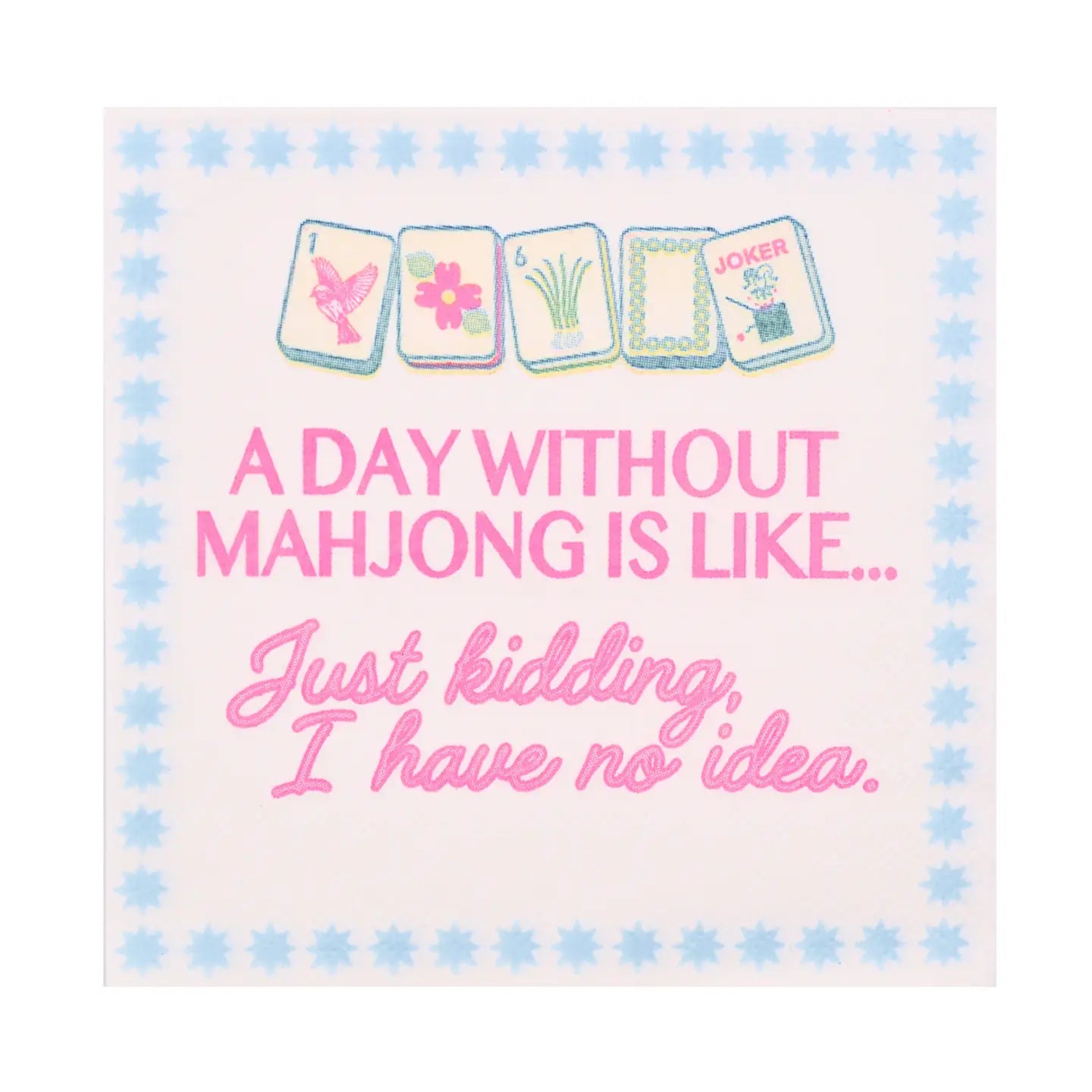 Colorful Dot Bam Crack Mahj cocktail napkins featuring pink and blue mahjong-inspired lettering and scalloped blue border.