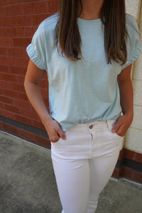 Easy Basic – Light Blue Elastic Sleeve Tee - Anderson Ave boutique
