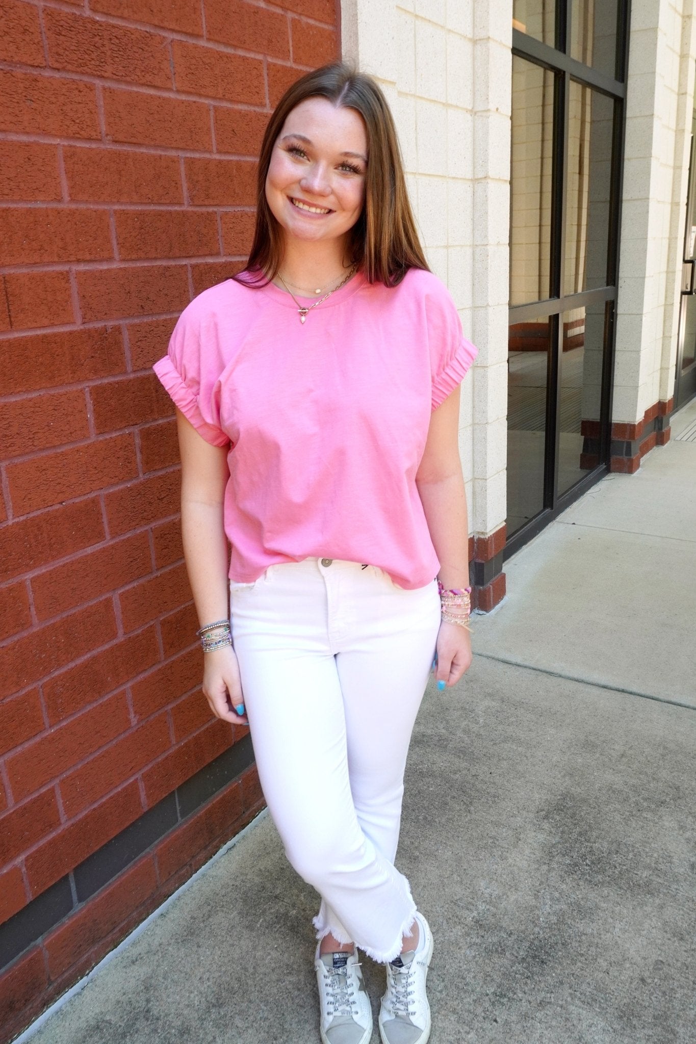 Easy Basic – Pink Elastic Sleeve Tee - Anderson Ave boutique