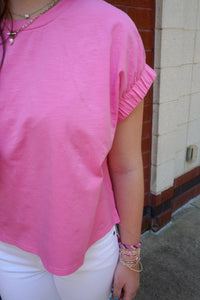 Easy Basic – Pink Elastic Sleeve Tee - Anderson Ave boutique