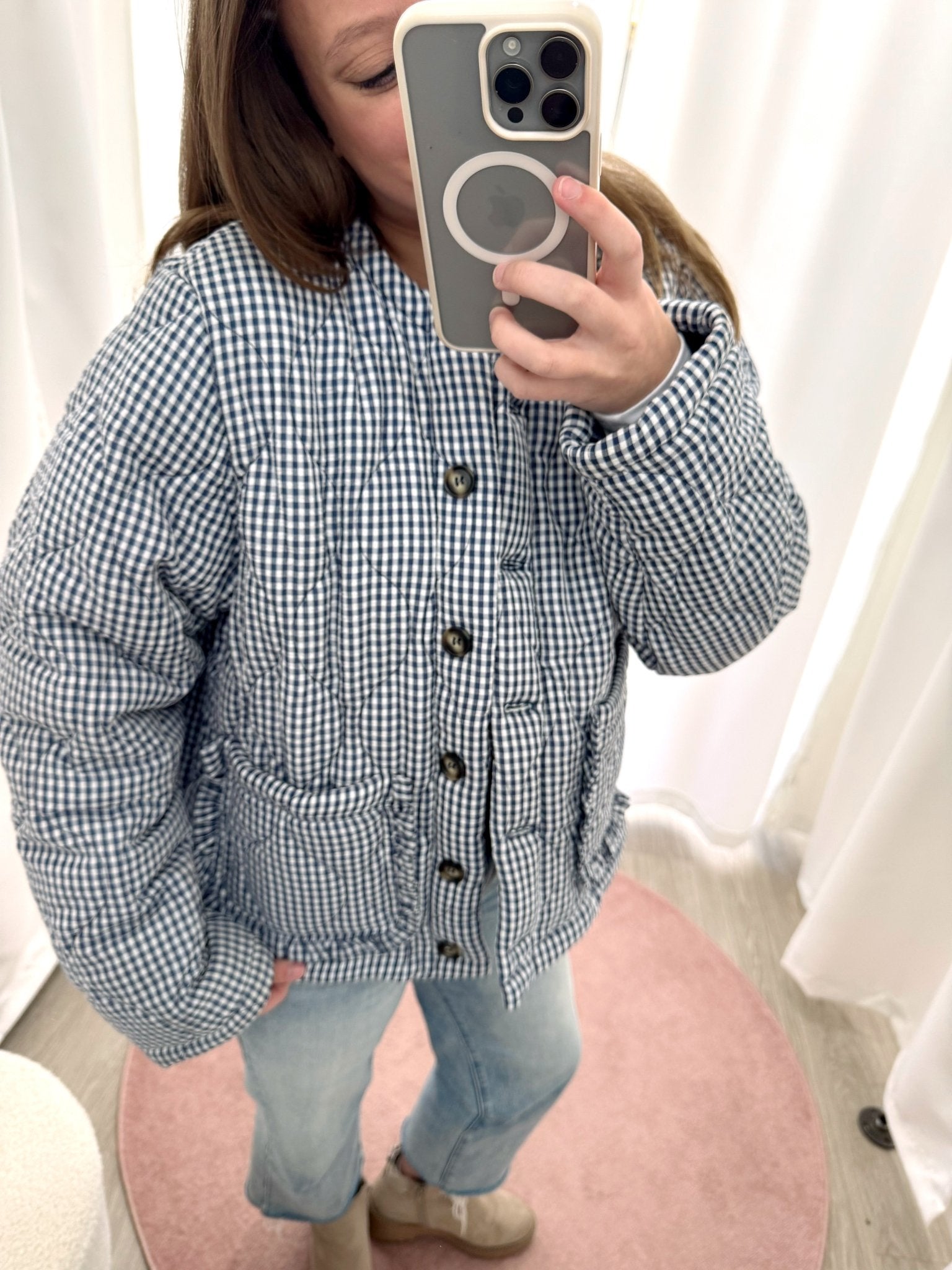 Eleanor Navy & White Gingham Quilted Jacket - Anderson Ave boutique