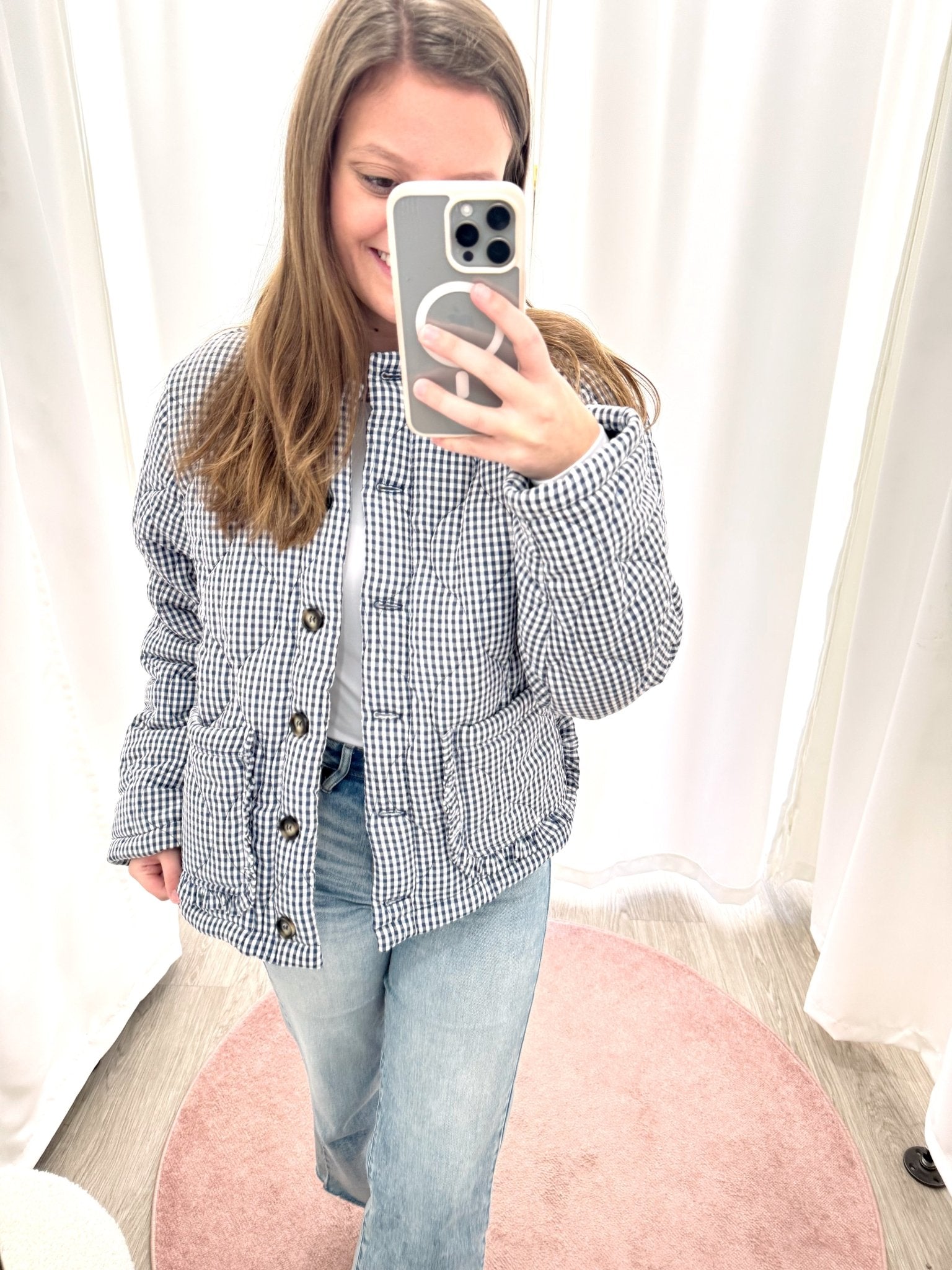 Eleanor Navy & White Gingham Quilted Jacket - Anderson Ave boutique