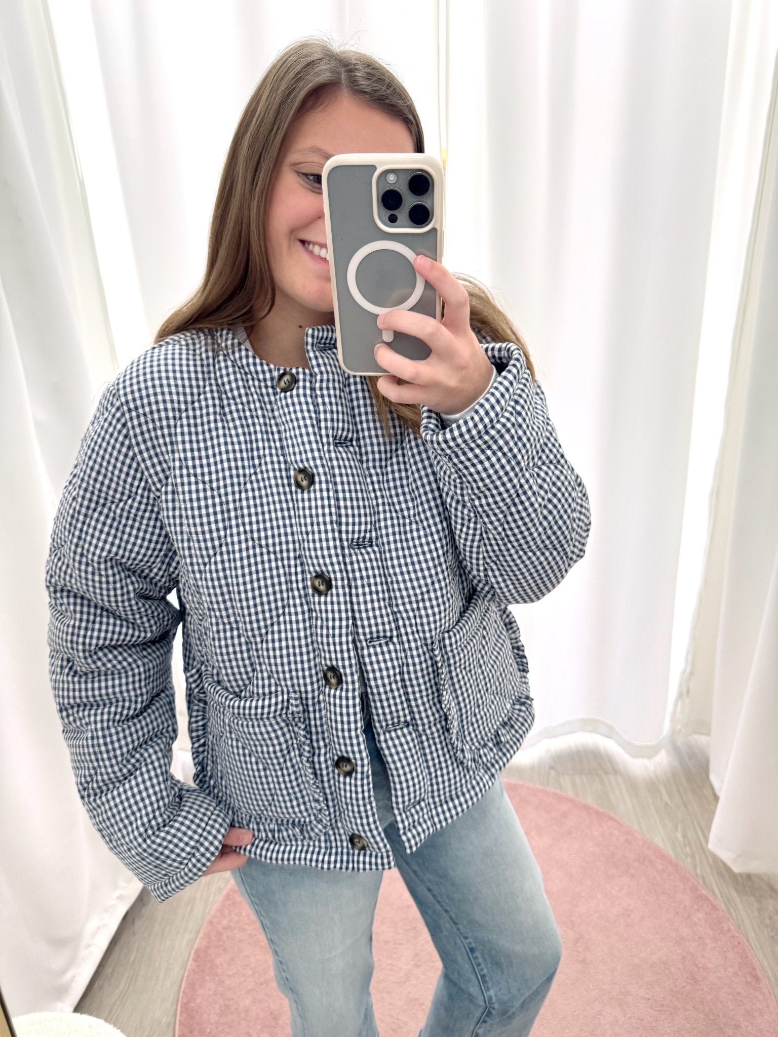 Eleanor Navy & White Gingham Quilted Jacket - Anderson Ave boutique